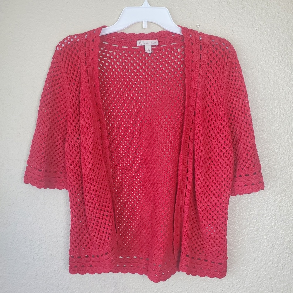 Established Women's Short-Sleeved Embroidered Open Knit Cropped Cardigan Red M